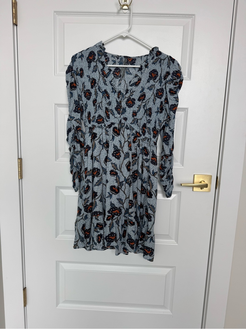 Anthropologie Blue Floral Long Sleeve V-Neck Dress with Black & Orange Accents